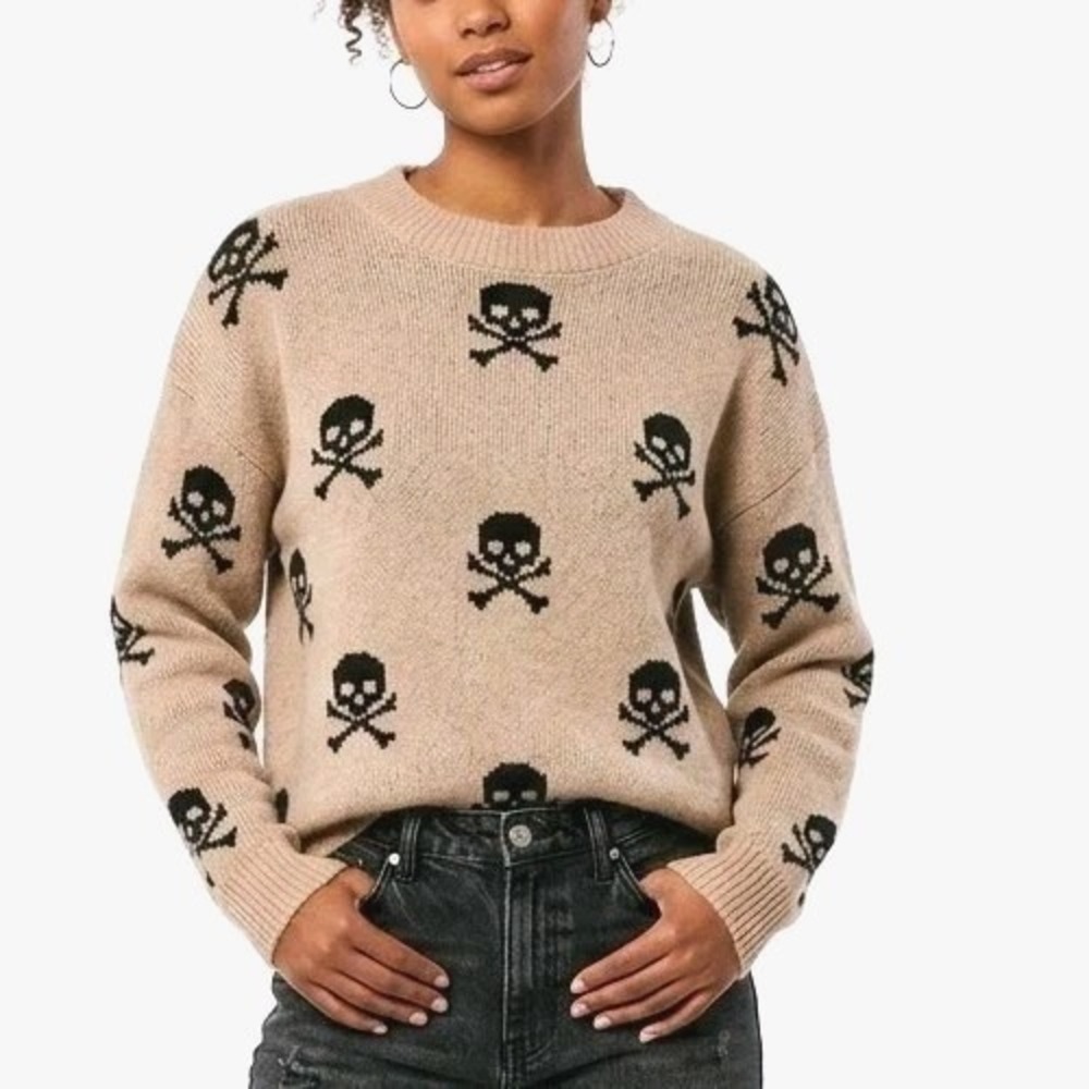 Skull Crossbones Sweater Tan Black Oversized Grunge Goth Small S No Boundaries